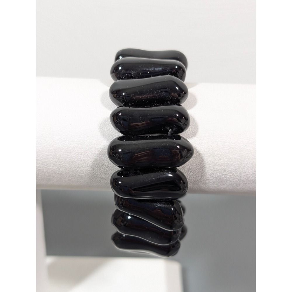 Black Glass Bead Wide Stretch Bracelet Chunky Gothic Minimalist 6 in
